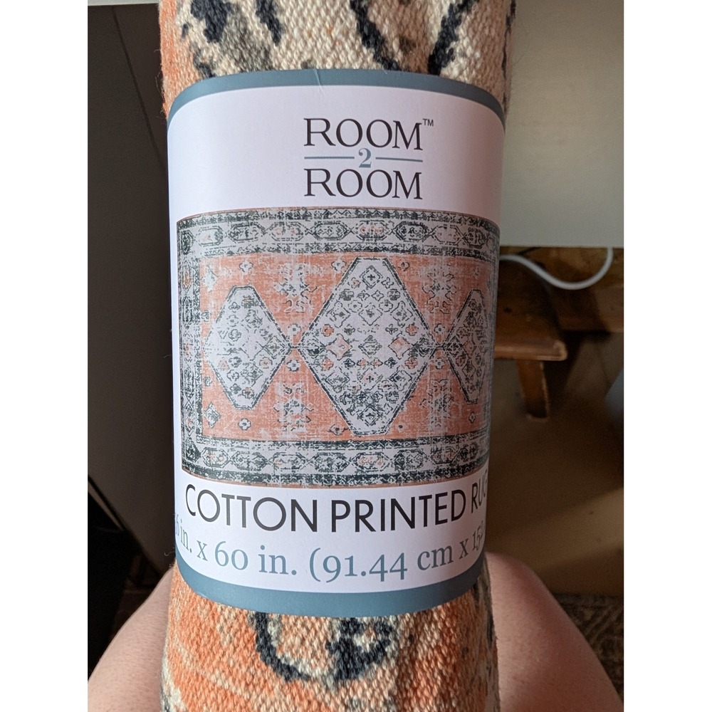 Room 2 Room Cotton Printed Rug 36x60 Orange Grey New Boho Medallion Flatweave